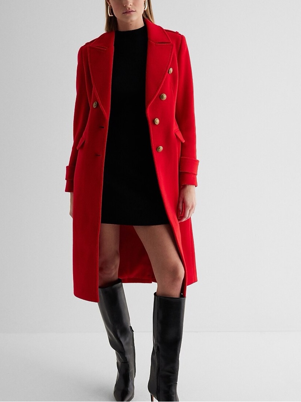 Express Red Double-Breasted military style Coat with Gold Buttons